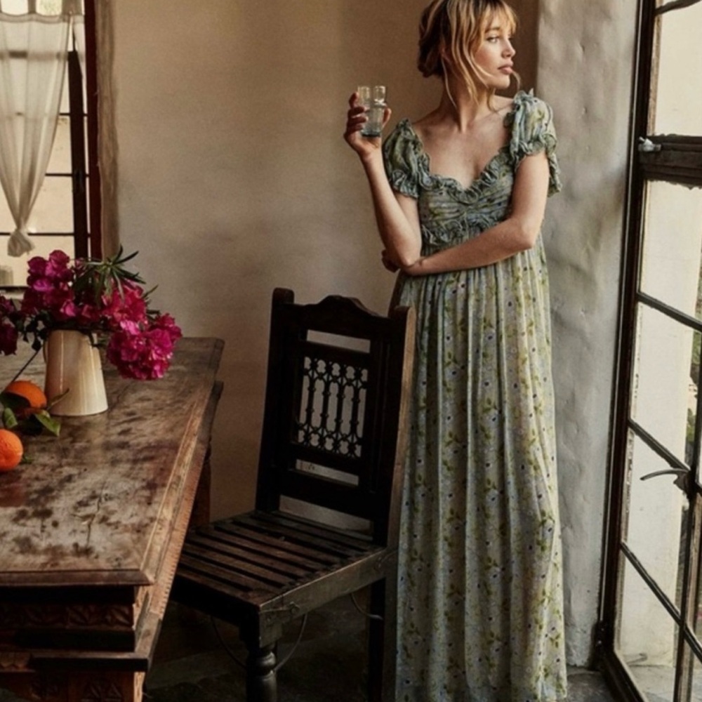 DÔEN Drew Silk Maxi Dress in Green Strawberry Moon Floral SZ SM